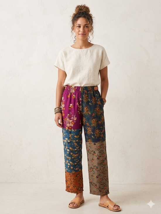NATURAL LIFE Pants - Natural Life Women’s Patchwork Floral Colorful Boho Festival Cropped Pants Sz M